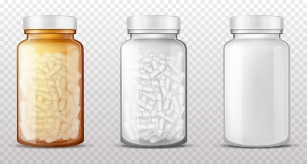 Free vector plastic, glass bottles for pills realistic vector