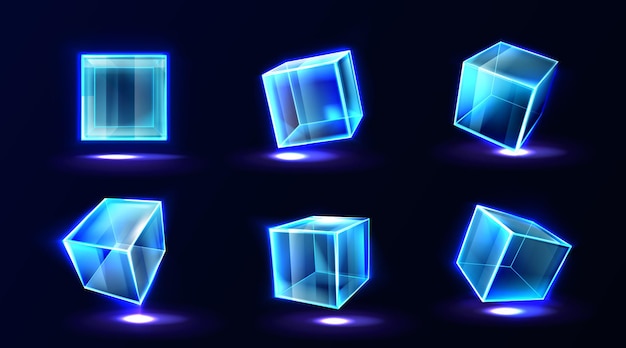 Free Vector plastic or glass cubes glowing with neon light in different angle view, clear square box, crystal block, aquarium or exhibit podium, isolated glossy geometric objects, realistic 3d vector illustration