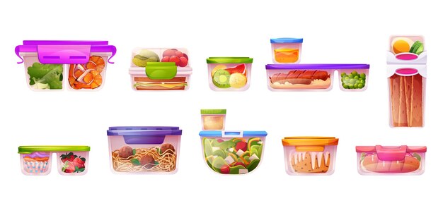 Plastic lunch food storage container icon vector illustration Isolated cooked vegetable and fruit glass pack for picnic cartoon clipart set Prepared leftover with salad dessert and meat ball