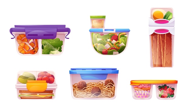 Plastic lunch food storage container icon vector illustration Isolated cooked vegetable and fruit glass pack for picnic cartoon clipart set Prepared leftover with salad dessert and meat ball