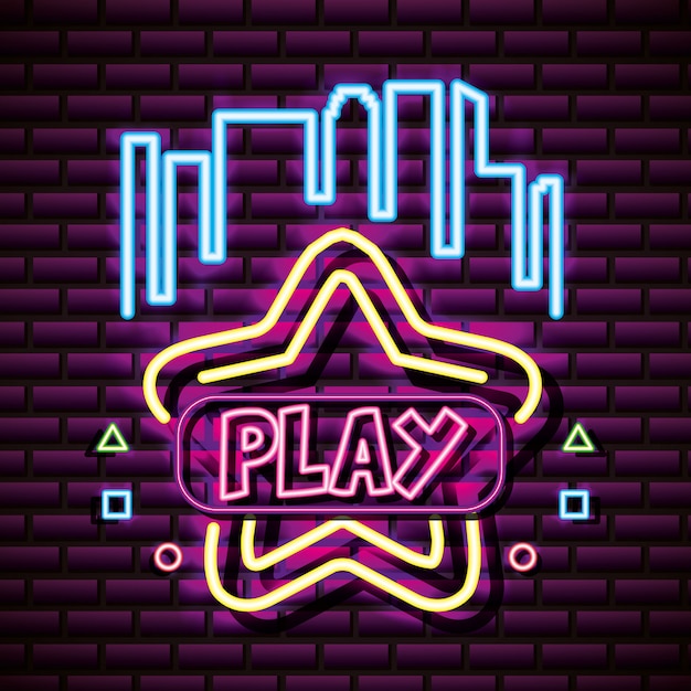 Free Vector play star with buildings, brick wall, neon style