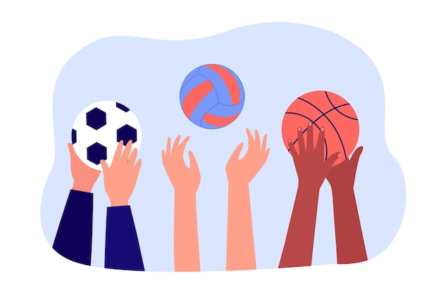 Free Vector players hands holding balls for football, basketball, volleyball. group of people playing team games flat vector illustration. sport, recreation concept for banner, website design or landing web page