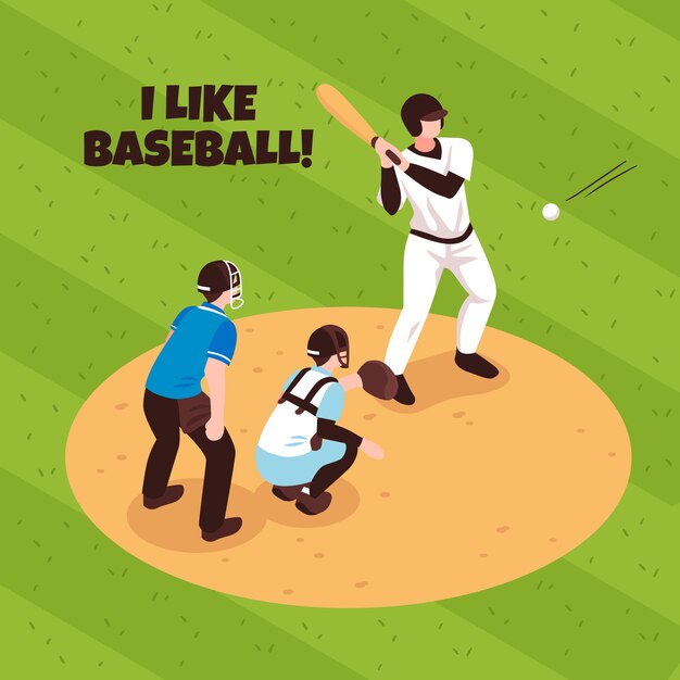 Players and referee during baseball match on game field isometric illustration