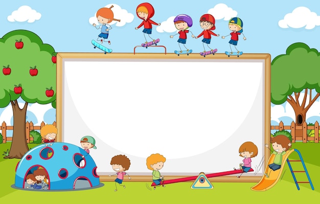 Playground scene with blank banner many kids doodle cartoon character