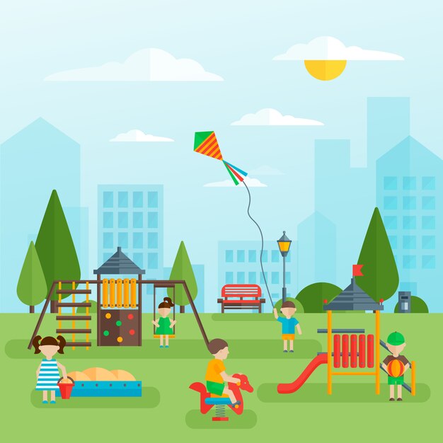 Playground With Children Flat Design