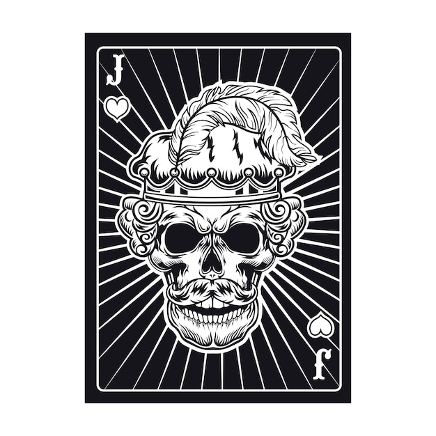 Playing card with angry jack skull. Hearts, feather