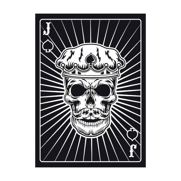 Playing card with jack skull in crown. Spades, royal hat