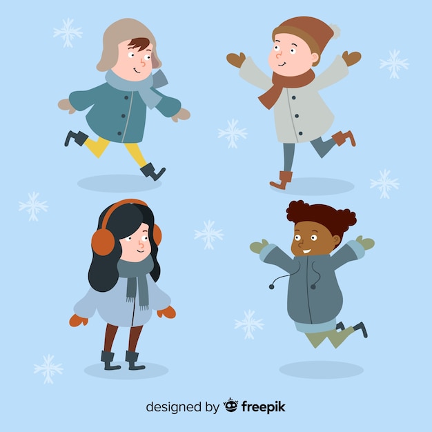 Free Vector playing winter kids collection