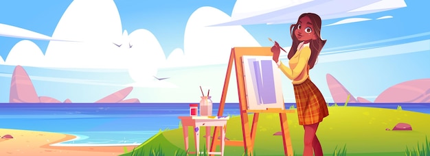 Free vector plein air on sea coastline young african teenage girl standing near canvas on easel with paint brush in hand and drawing landscape cartoon vector illustration of artistic workshop or hobby leisure