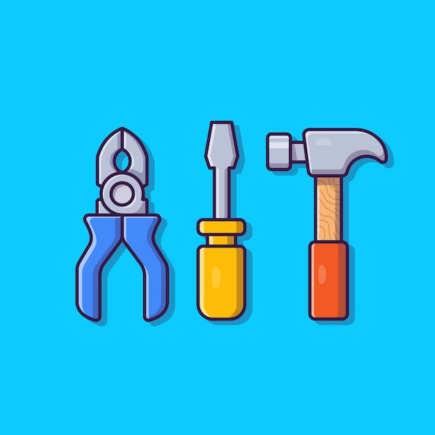 Pliers, Hammer And Screwdriver Cartoon Icon Illustration. Tools Object Icon Concept Isolated . Flat Cartoon Style