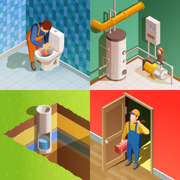 Free Vector plumber 4 colorful isometric icons square 