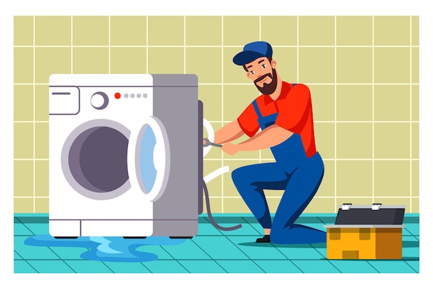 Plumber character repairing washing machine in bathroom Service master call handyman eliminating leakage with tools