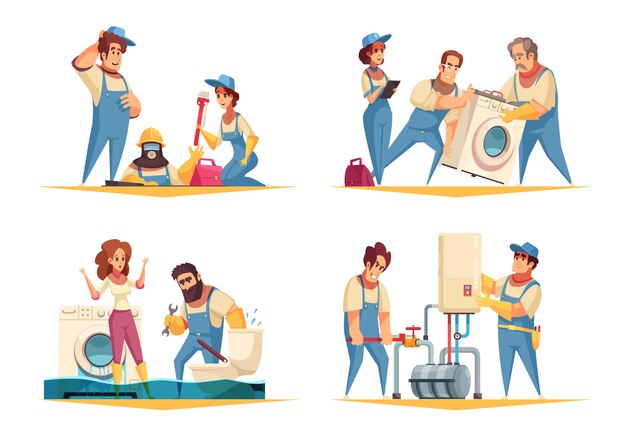 Plumber work concept 4 flat cartoon compositions with flooded home fixing boiler washing machine installation 