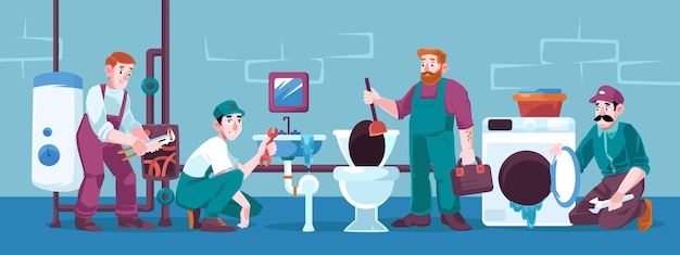 Free Vector plumbers repair broken plumbing and technics sink, leakage, toilet bowl, heater, washing machine and pipes. handymen service, call masters with tools fix home appliances, cartoon vector illustration