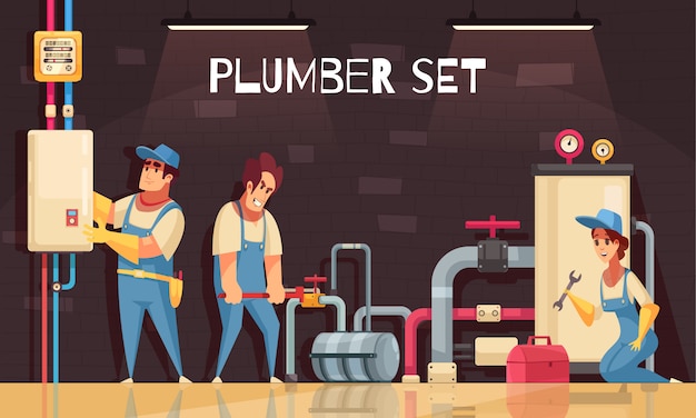 Free vector plumbers team fixing leakage in boiler room cartoon composition with tool kit box gas meter