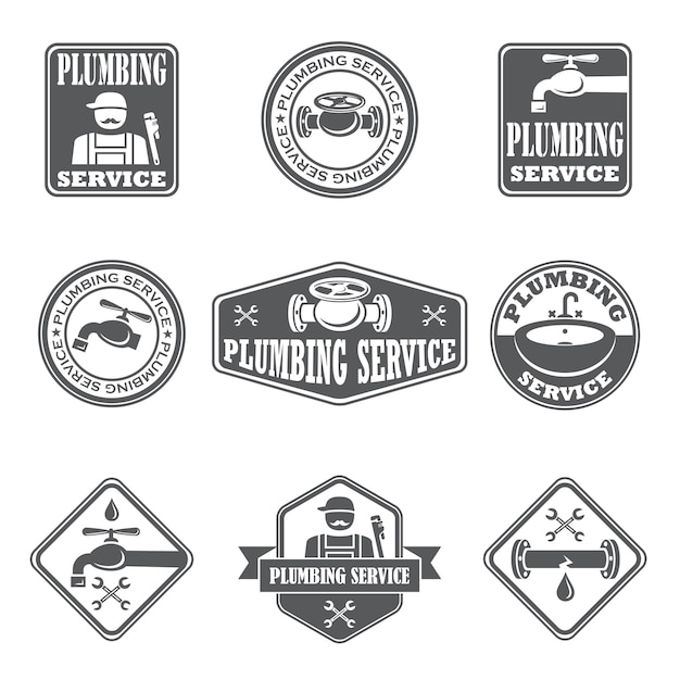 Free vector plumbing service badges with water pipe plumber and tools isolated vector illustration