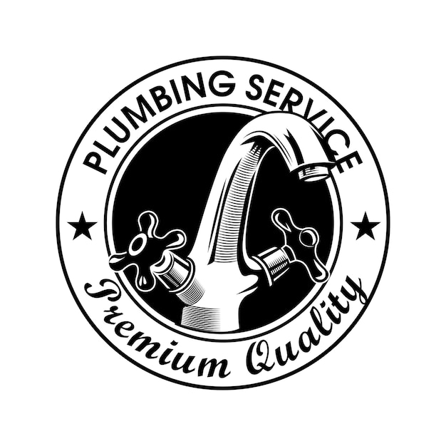 Plumbing service stamp vector illustration. Faucet and premium quality text with stars. Plumbing concept logo