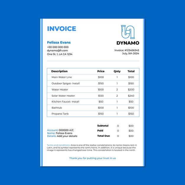 Plumbing services invoice template design