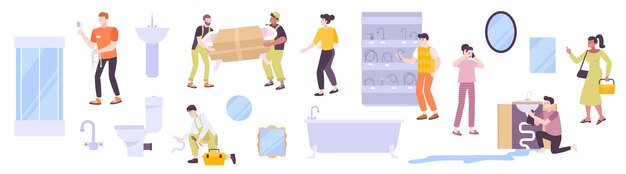 Plumbing shop set of flat icons bathroom fixture images and human characters of buyers and plumbers vector illustration