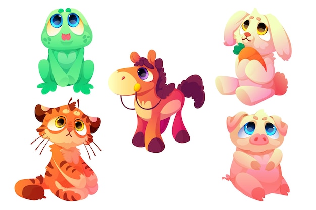 Free Vector plush toys, funny soft frog, horse, tiger, bunny