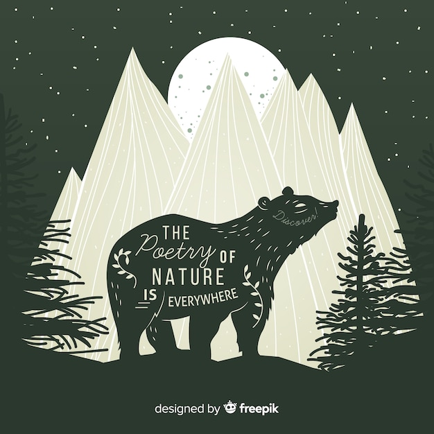 Free Vector the poetry of nature is everywhere. lettering on wild bear in the mountains