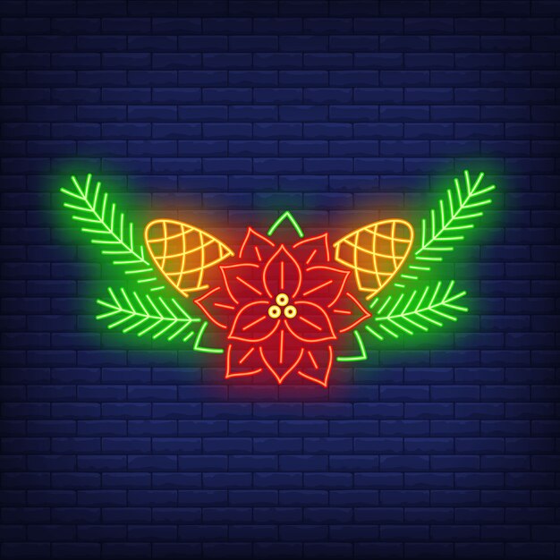 Poinsettia flower, fir-tree needles and cones neon sign