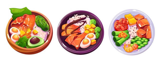 Free Vector poke bowl in plates with rice fish and vegetables