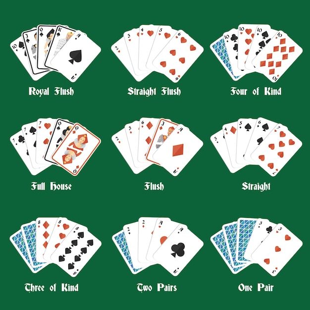 Free Vector poker hands set with royal flush four of kind full house isolated vector illustration