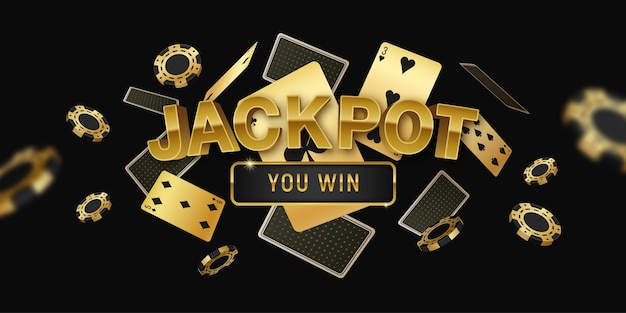 Poker jackpot online tournament  horizontal black golden banner with realistic floating cards and chips 