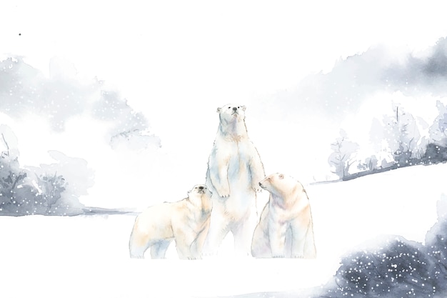 Free vector polar bears in the snow watercolor vector