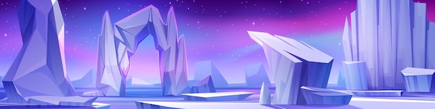 Free vector polar night landscape with glaciers floating in sea and pink aurora borealis in sky cartoon vector cold arctic panoramic scenery with iceberg and northern lights drifting ice and snow blocks