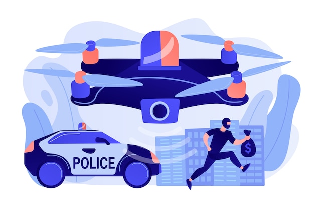 Free Vector police car and drone tracking thieve in mask with money and crime scene