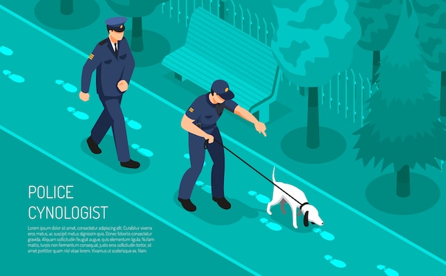 Free Vector police cynologist special footsteps tracking dog training assisting detective inspectors in crime investigation isometric composition vector illustration