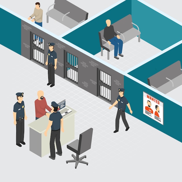 Police department pretrial provisional detention prison section interior isometric composition with officers guards arrested criminals vector illustration