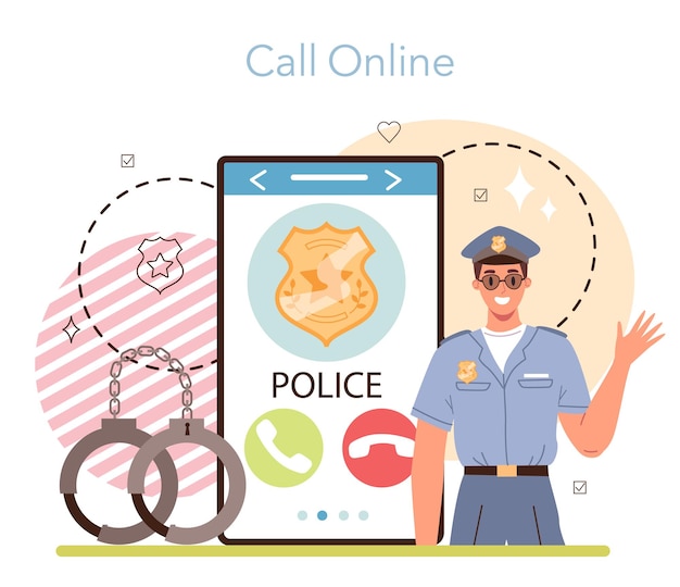 Free Vector police officer online service or platform detective making interrogation policeman patrol the city managing the traffic online call flat vector illustration