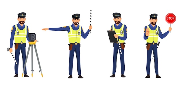 Police officer regulating traffic set Policeman stopping standing with camera device showing stop sign giving signal to drive Safe driving vector illustration Man in uniform on white background