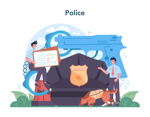 Free Vector police officer in uniform detective making investigation and interrogation policeman patrol the city and making apprehensions 911 service community policing isolated flat vector illustration