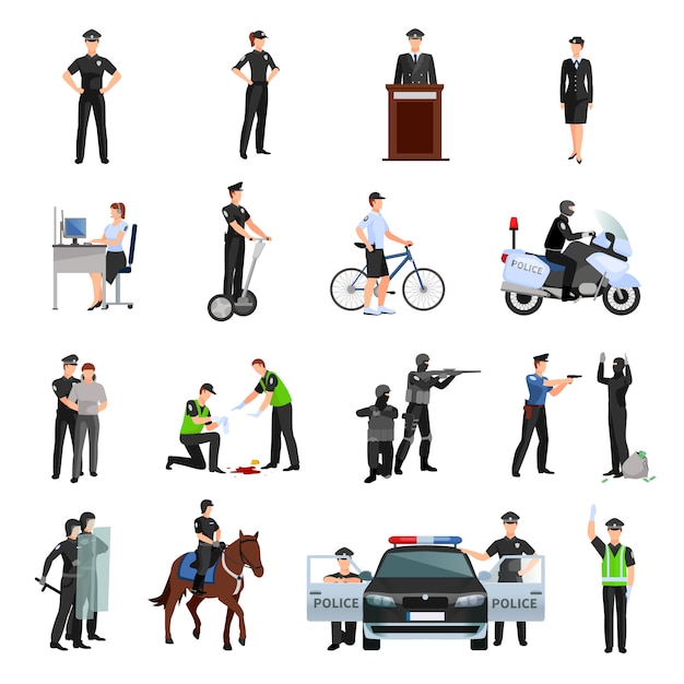 Police people in office and outside flat color icons set