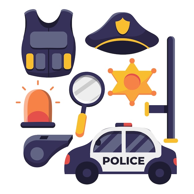 Free vector police professional equipment set bulletproof vest truncheon badge weapons and other element vector illustration