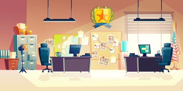 Police station office room interior cartoon illustration