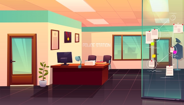 Police station room interior with evidence board illustration