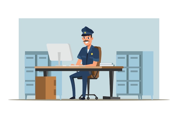 Free Vector policeman deskwork law enforcer man in police uniform writing report cartoon character cheerful security guard sergeant working with computer