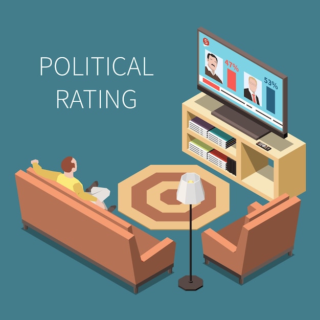 Political rating isometric illustration with man in home interior watching tv with political competitors on screen