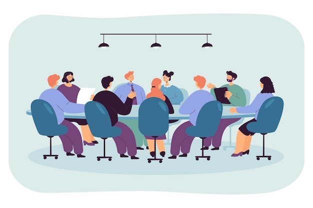 Free vector politician sitting at round table in boardroom. board of directors with ceo holding formal talk in office room flat vector illustration. business authority, corporate leader, planning strategy concept