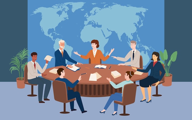 Free Vector politicians having meeting at round table on background with world map flat vector illustration