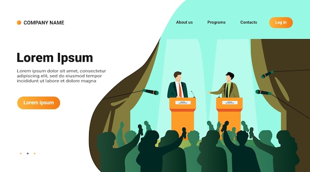 Free vector politicians talking or having debates in front of audience flat vector illustration. cartoon male public speakers standing on rostrum and arguing