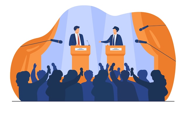 Free Vector politicians talking or having debates in front of audience flat vector illustration. cartoon male public speakers standing on rostrum and arguing.