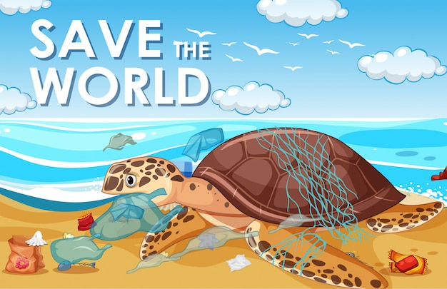 Free vector pollution control scene with sea turtle and plastic bags