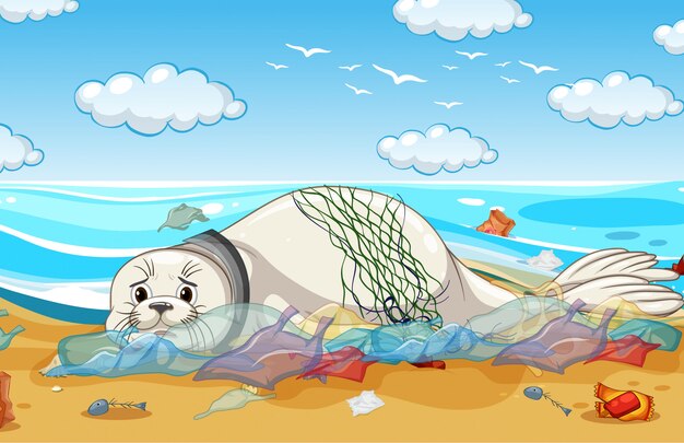 Pollution control scene with seal and plastic bags