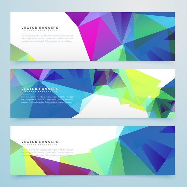 Polygonal banners with colored shapes